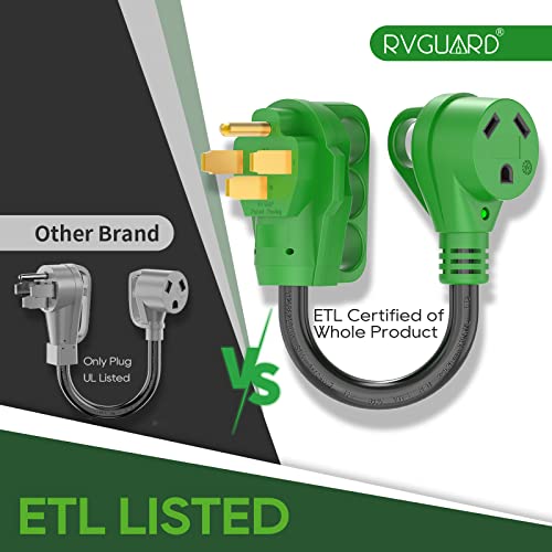 Image of RVGUARD 50 Amp to 30 Amp RV Adapter Cord 12 Inch | NEMA 14-50P to NEMA TT-30R, Electrical Power Adapter with LED Power Indicator, 12 Inch, Green, ETL Listed