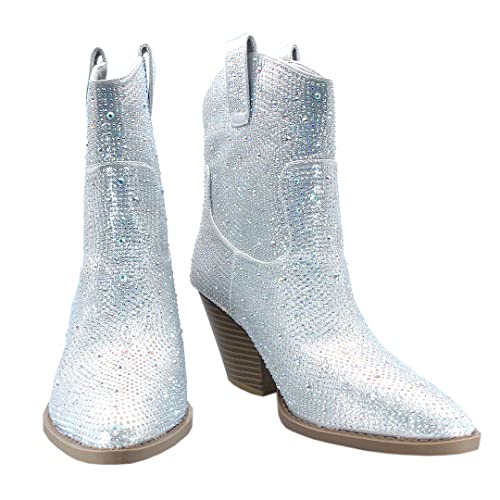 Image of ABSOLEX Women Western Cowgirl Cowboy Pointed Toe Rhinestone Ankle Booties
