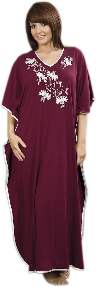 Lamatex Ladies Embroidered Satin Long Trim Kaftan FREE SIZE Burgundy