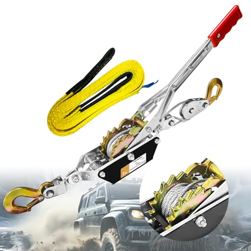 SENKEYFE Come Along Winch Heavy Duty, 10FT 2T Come Along Pulling Tool 2 Gears 2 Hooks, Cable Winch Puller, Come Along Power Puller Ratchet Tool for Construction Automotive Farm Fences (with Straps)