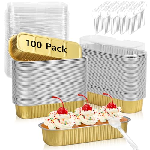 Ruckae 100 Pack Mini Loaf Pans with Lids and Spoons Disposable Aluminum Tin Foil Pans Rectangle Mini Loaf Cake Pan for Baking,Party,Picnics,Gifts (Gold)