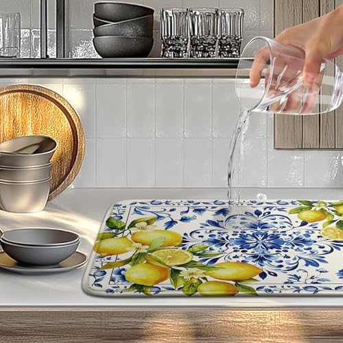 Lemon Dish Drying Mats Spring Summer Dish Mat Blue Chinoiserie Floral Drying Matt Dishes Dryer Pad for Kitchen Counter Absorbent Microfiber Washable Foldable Reusable 18x24 in by farg - Used condition - Image 5