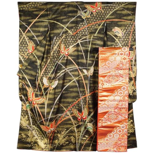 振袖セット 振袖・袋帯 2点 セット Mサイズ 金霞に水草、胡蝶模様 金箔 刺繍 中古 帯 踊り着物 カラオケ 販売 リサイクル 振袖 リサイクル着物 正絹 成人式 アウトレット 購入 - ノーブランド品 - 商品画像