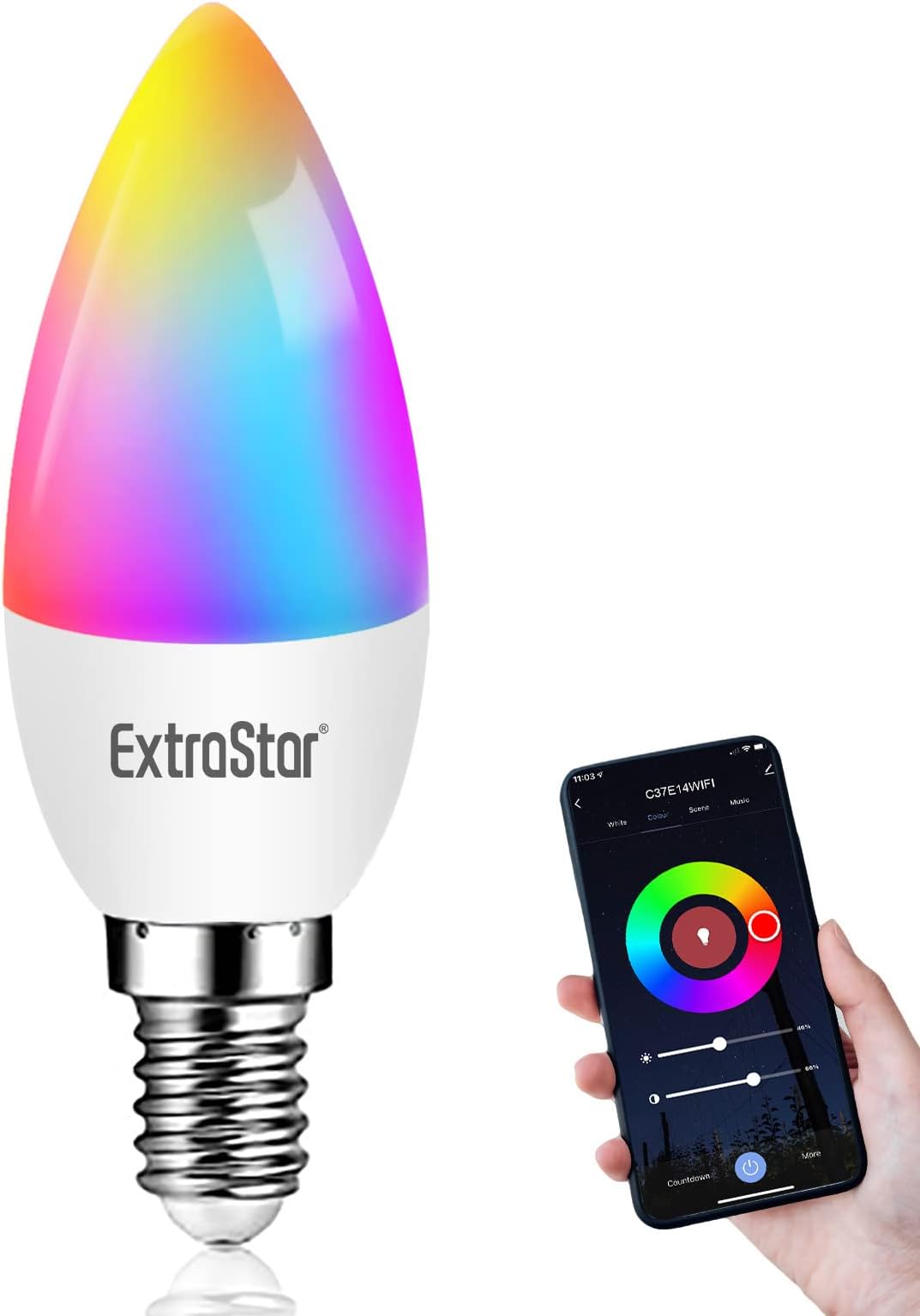 EXTRASTAR E14 Smart Bulb, Alexa Light WiFi LED Candle Bulbs C37, 6W 600lm, WiFi RGB Color Dimmable Multicolor + Warm or White Light, Compatible with Alexa and Google Home, 1 Count