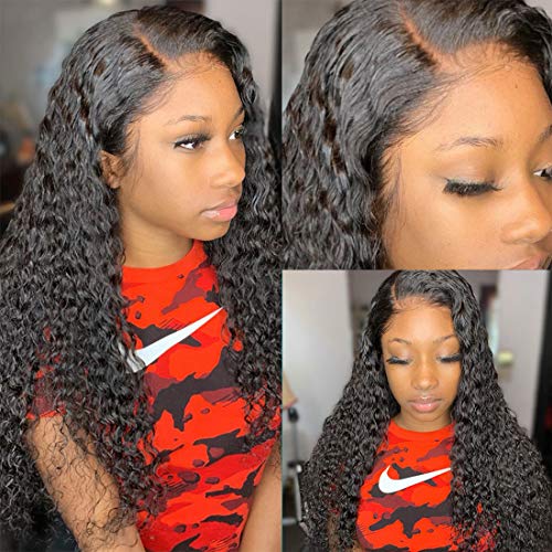 BINF Hair Deep Wave Human Hair 4x4 Lace Front Wigs for Black Women 14 inch Brazilian Virgin Hair Deep Wave Human Hair Lace Closure Wigs with Baby Hair Pre Plucked 150% Density Natural Color