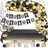 All-in-One Graduation Party Decorations Kit – Premium Black and Gold Theme Includes Banner, 110 Balloon Arch Kit, 2 Tablecloths Perfect for School & College Graduation Parties