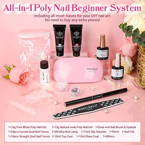 Modelones Poly Extension Gel Nail Kit 2Pcs Builder Extension Gel Nude White Spring Colors With Mini Nail Lamp Slip Solution Rhinestone Nail Manicure All-In-One Kit French Diy Nail Art Design Beginner Kit Gift For Valentine's Day #TOP1