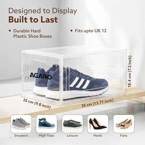 Image of AGARO Stackable Shoe Storage Box Organizer | Heavy Duty, Transparent, Plastic Sneaker Crates Container with Magnetic Door |Space Saving|Organizer for Men & Women| Fits up to Size UK 12 | Pack of 6