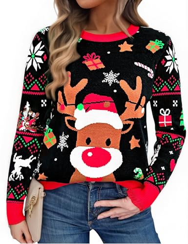 Litherday Jersey Navidad Mujer Divertido con Reno Regalos y Copos de Nieve Suéter Feo Navideño Ideal para Fiestas Tallas Negro S