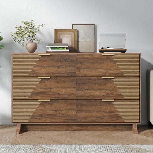 Image of Gyfimoie 47.24 inch Wide Dresser for Bedroom, Chest of Drawers with Fluted Design & Gold Metal Handle, 6 Drawer Dresser with Sturdy Base, Walnut Dresser for Bedroom, Living Room, Hallway