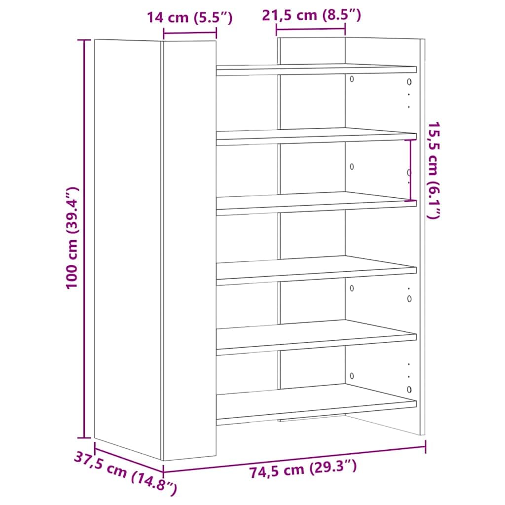 Szafka na buty dąb Sonoma z materiału drewnopochodnego 74,5 x 37,5 x 100 cm z miejscem do przechowywania, porządkiem i organizerem, wąska, wysoka, do przedpokoju, sypialni, zamkniętej półki