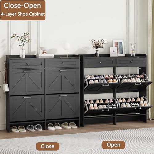 Image of Shoe Cabinet with 4 Flip Drawers & 2 Top Drawers, 43 inch Tall Freestanding Narrow Wooden Shoe Storage Organizer for Entryway, Hidden Slim Shoe Rack for Front Door Entrance, Hallway, Living Room, Black