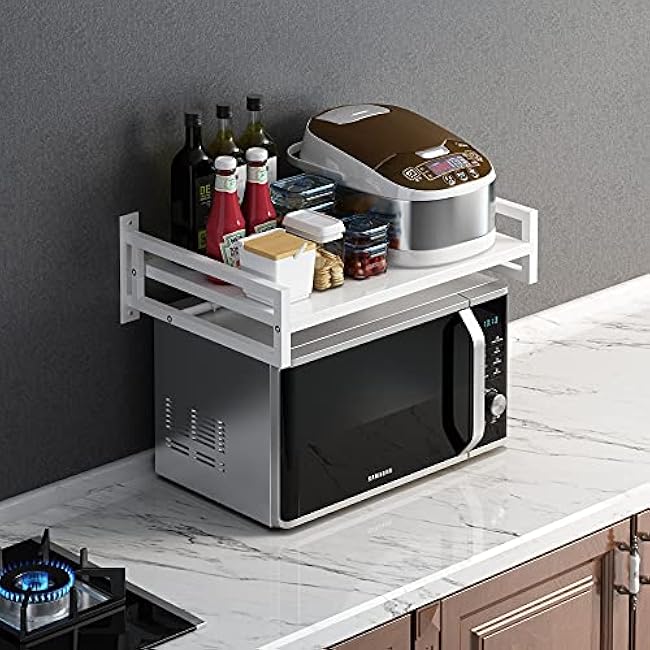 ABCOOL Wall Mount Microwave Oven Shelf Carbon Steel White with 3 Slidable Hooks