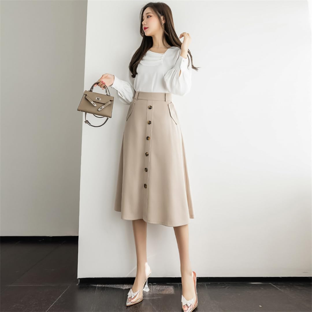 Gonne da Donna A Vita Alta, Monopetto, Midi, con Tasche, Eleganti, da Ufficio, Abbinabili, A Trapezio, Light Khaki Skirts, S