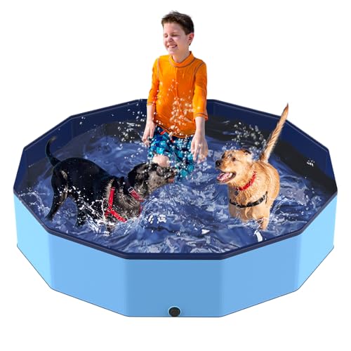 Foldable Pool for Dog and Kids 57" Washing Portable Plastic Tub for Large Dog, Non-Slip Collapsible Kiddie Swimming Wading Pool for Toddler Age 3-5 Outdoor Backyard