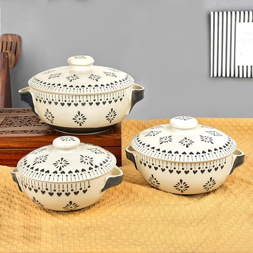 Image of StyleMyWay Hand Painted Large Ceramic Serving Donga Set for Kitchen with Lid and Handle (Set of 3, White and Grey, 1200 ml, 1000 ml, 800 ml) | Casserole Set | Dinner Serving Bowls with Lid