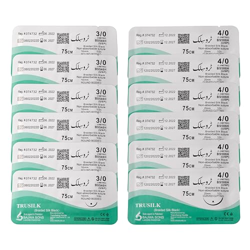 Paquete de 12 hilos de sutura de seda que incluye hilo de práctica de sutura 3/0 y 4/0 para estudiantes de medicina, médicos, enfermeras, veterinarios, hilo de sutura de seda para kit de sutura