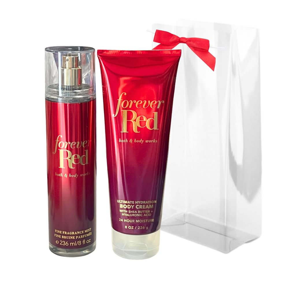 Bath & Body Works FOREVER RED Fine Fragrance Mist & Ultimate Hydration Body Cream 2pc Gift Set with a Red Bow for Holidays – Full Size