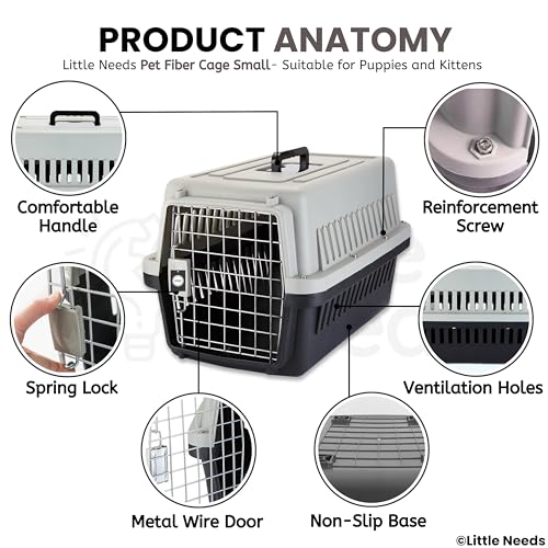 Image of Pet Carrier Fiber Cage (Small, Grey) (48 x 33 x 31 cm) for Cats, Kitten & Puppies I Portable 16 inch Travel Crate with Metal Door & Spring Lock | Ventilated Easy-Carry Handle Kennel House