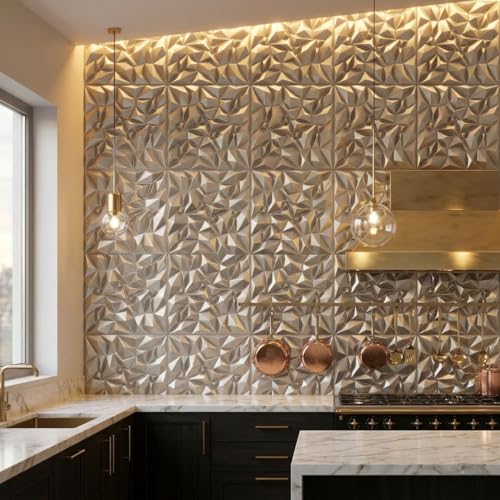 Image of Kayra Decor 3D PVC Wall Panels - Diamond Design, Silver Color | 19.7 x 19.7 Inches | Pack of 12 | Covers 32.28 Sq. Ft. | Wall Decor Panels for Living Room, Bedroom & Office