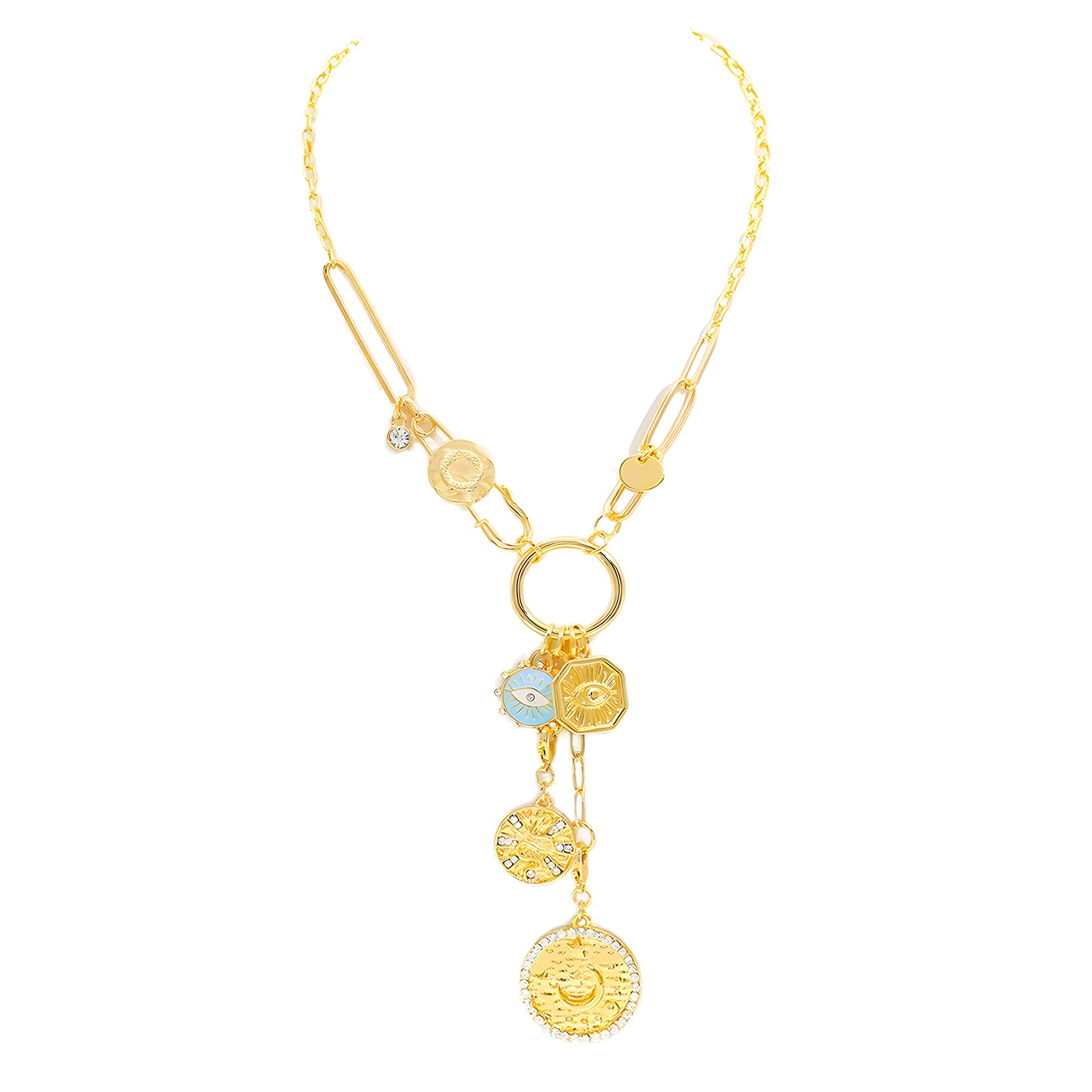 JNF Chunky Layer Heart Charm Necklace for Women Boho Heart Sun Flower Key Coins Charms Necklaces Paperclip Link Chain Necklace Y2K Statement Jewelry