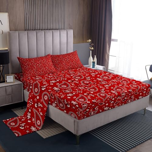 Paisley Floral Bed Sheet Full Size,Western Cowboy Cowgirl Top Flat Sheet 4Pcs Vintage Bohemia Style Red Bedding Set for Girls Kids Woman Room Decor,Southwest Tribal Fitted Sheet,2 Pillowcases
