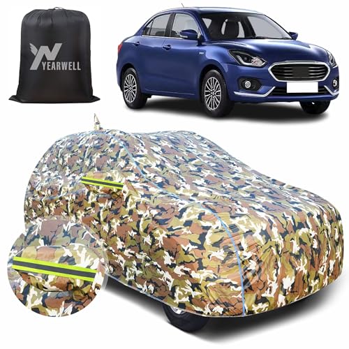 Image of Car Body Cover for Maruti Dzire (2017-2024), 100% Waterproof with Mirror & Antenna Pockets, Military Print Design, UV & Dust Protection, Triple Stitched, Sky Piping & Reflector (Jungle Print)