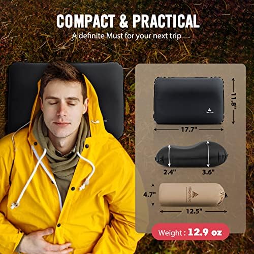 Hiketure Self Inflating Camping Pillow-Soft Foam Inflatable Pillow-Compressible Blow Up Pillow with Ergonomic 3D Support-Portable Beach Pillow-Comfortable Air Travel Pillow for Camping Hiking(Grey)