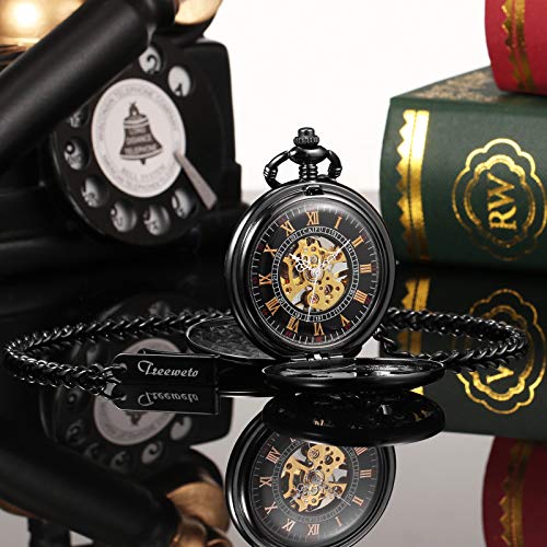Image of TREEWETO Mens Antique Mechanical Pocket Watch Lucky Dragon & Phoenix Retro Skeleton Dial Double Cover with Chain