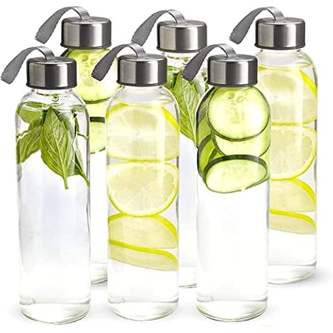 Glass Water Bottles 500 ml Juice Bottles with Lids, Reusable Drinking Bottle, Juice Beverage Container, High Borosilicate Bottles with Silver Plastic Leak Proof Caps for Beverages,Milk,Juice, 6 Pack Cover