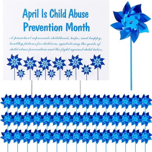 Skylety 100 Pcs Abuse Awareness Pinwheels Bulk Blue Pinwheel Yard Sign Blue Pinwheels for Abuse Prevention Month for Fundraising Support Events Charity Gift-Giving Yards and Garden Decor
