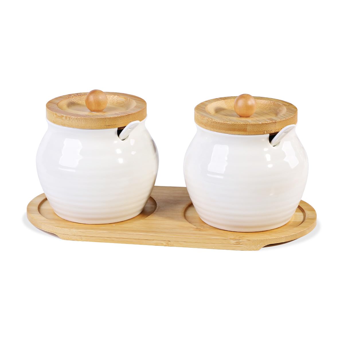 Fvstar Sugar Bowl with Lid and Spoon, 2pcs White Sugar Container for Coffee Bar, 12 oz Ceramic Kitchen Storage Jars for Salt, Pepper, Spice, Seasoning, Small