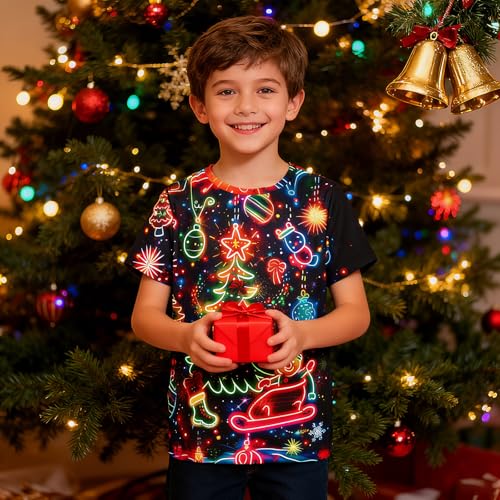 Image of uideazone Christmas Neon Tshirts for Boys Kids 13T Christmas Tree Short Sleeve T-Shirt 3D Graphic Print Snowman Tee Shirts 13-14 Years