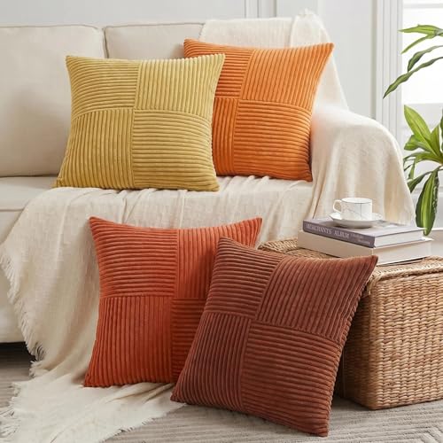 Image of Fancy Homi Set of 4 Boho Fall Decorative Throw Pillow Covers 20x20 Inch for Couch Bed Sofa Bedroom, Modern Farmhouse Home Decor, Soft Cross Striped Corduroy Patchwork Colorful Cushion Case 50x50cm