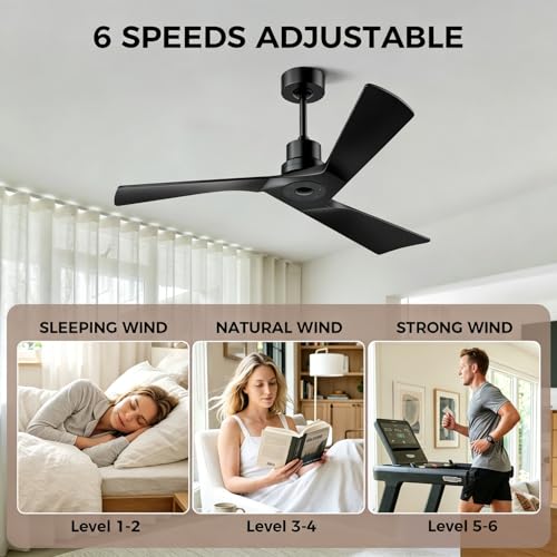Image of Obabala Ceiling Fan 52 Inch with Remote, Solid Wood Blades DC Motor 5000 CFM Quiet 35dB, Reversible 6 Speed Modern Farmhouse for Bedroom Living Room Indoor Outdoor, No Light with Downrod