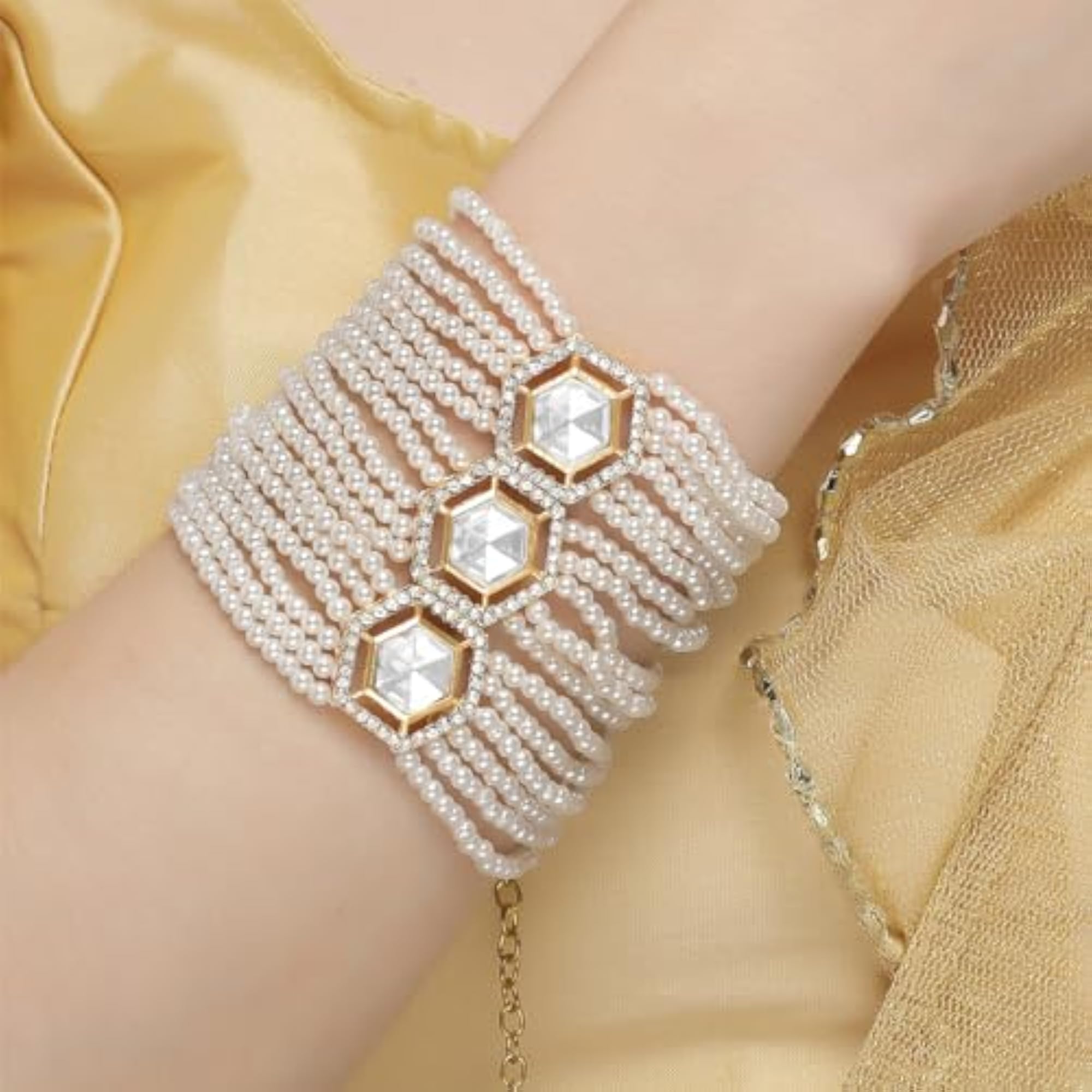 Plated Polki Kundan & Pearl Beaded Bracelet