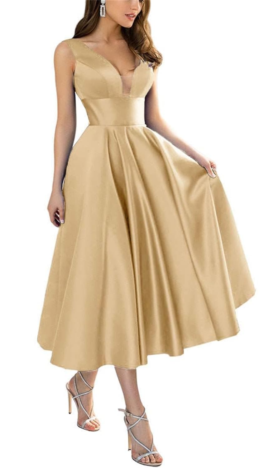 Kurface Women's Champagne Tea Length Satin Prom Dresses 2024 For V Neck A Line Bridesmaid Dress With Pockets Ball Gown Uk10