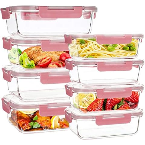 UMI UMIZILI 8 Pack Glass Food Storage Containers with Lids, 2 Size [34oz+12oz] Airtight Meal Prep Containers with Smart Locking Lids, Pink Lunch Bento Boxes for Leftover, 100% Leak-Proof Cover