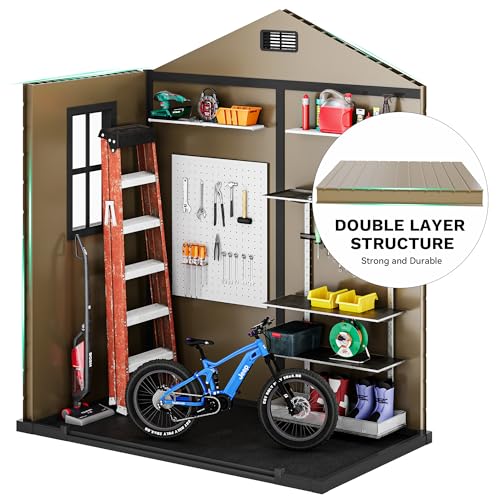 Image of DWVO 6.2x3.4 FT Outdoor Resin Storage Shed with Floor, All-Weather Bike Storage Shed with Lockable Door, Window and Vent, Waterproof Plastic Tool Storage for Garden, Backyard, Patio, Lawn, Brown