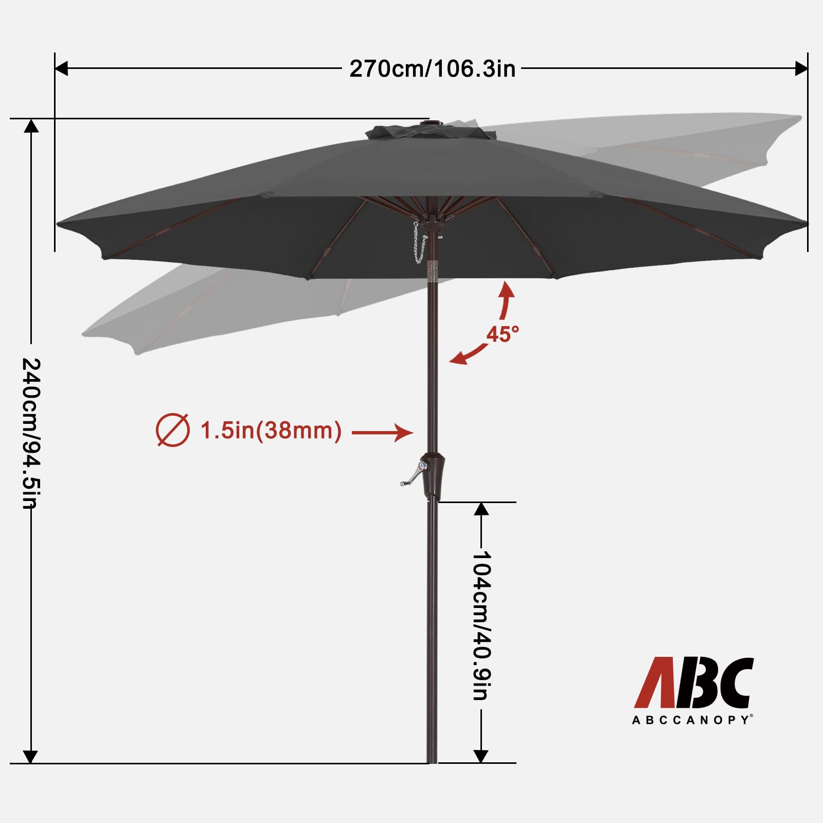 ABCCANOPY Parapluie extérieur rond en aluminium rotatif à 360° pour piscine jardin