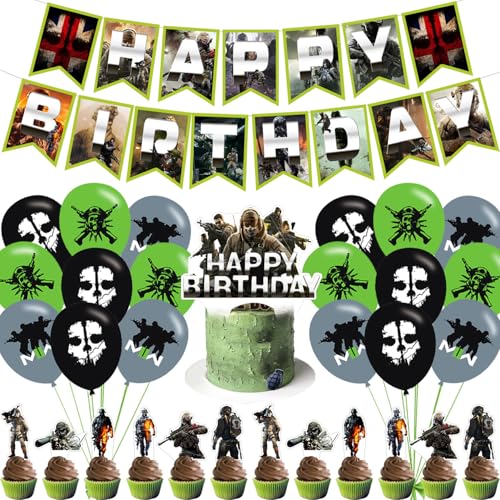 Gaming Call Party Decorations Gaming Birthday Party Supplies Includes Banner- Cake Topper - 24 Cupcake Toppers - 18 Balloons
