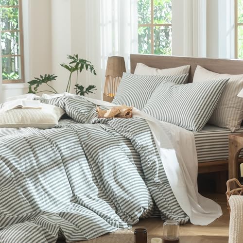 Image of MooMee Striped Duvet Cover Set 100% Washed Cotton Linen Like Oversized Full | Relaxed Linen-like Texture. Soft, Breathable & Long-lasting Comfort. Lightweight. Hidden Zipper with 8 Interior Corner Ties