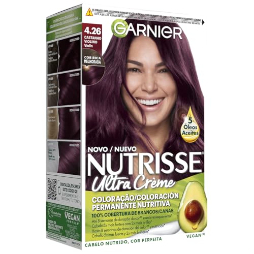 Garnier Nutrisse Creme Coloración Nutritiva Permanente, Tinte 100 por ciento Cobertura de Canas con Mascarilla Nutritiva de 4 Aceites, Color Violín 4.26, 1 Unidad (Paquete de 1)
