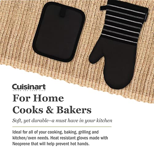 Cuisinart Neoprene Oven Mitts And Potholder Set -Heat Resistant Oven Gloves To Protect Hands And Surfaces With Non-Slip Grip, Hanging Loop-Ideal For Handling Hot Cookware Items, Twill Stripe Jet Black #TOP2