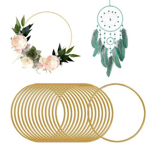 Wekuw 15 Pezzi Cerchi per Acchiappasogni (Oro) Cerchio Metallo 10 cm Acchiappasogni in Metallo per Decorazioni Ghirlanda Metallico Ferro per Ghirlanda