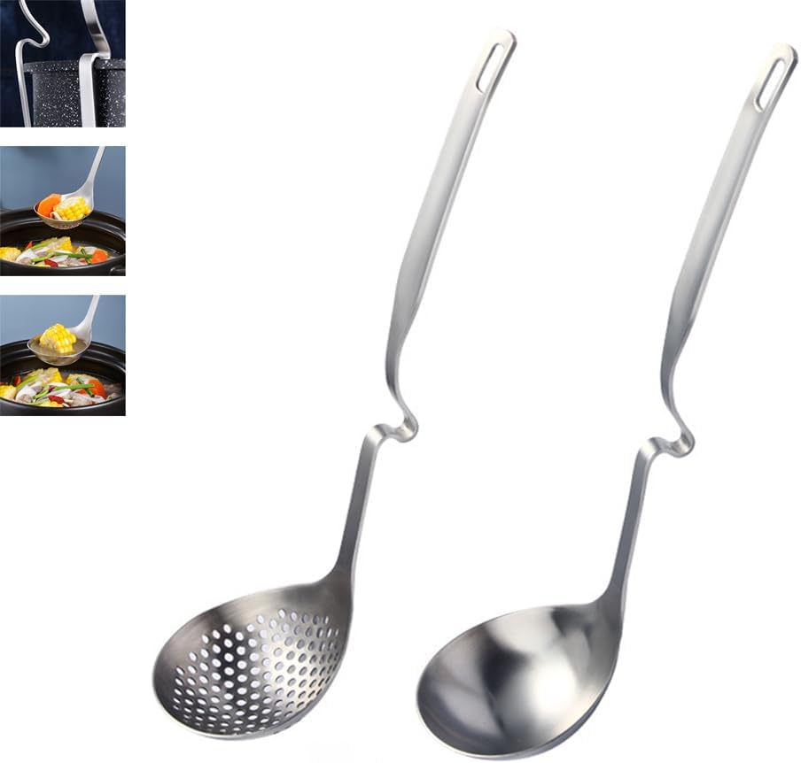 304 Stainless Steel Soup Ladle Hot Pot Ladle Strainer Scoops Set for Cooking, Serving, Soups, Sauces, Stews and More, Silver, 12-Inch (2 Pieces)