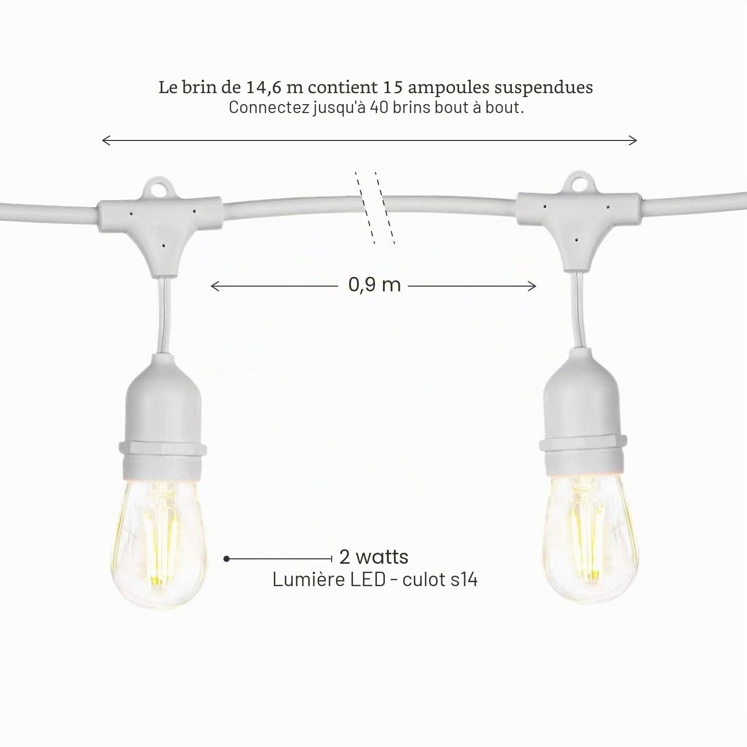 m MU 5M Guirlande Lumineuse Exterieure E27 10 Douilles 5 Metres, 10 Ampoules S14 LED 2W (= 15W), Blanc Câble Extensible Jusqu'à 500M IP54 Exterieur Jardin Mariage | 5M, BLANC, 10 Ampoules