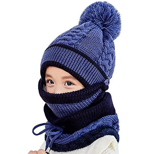 Winter Hat Scarf Set for Boys Girls Knitted Beanie Scarf Mouth Cover Set Fleece Lining Pompom Neck Warmer Face Cover for Outdoor Skiing