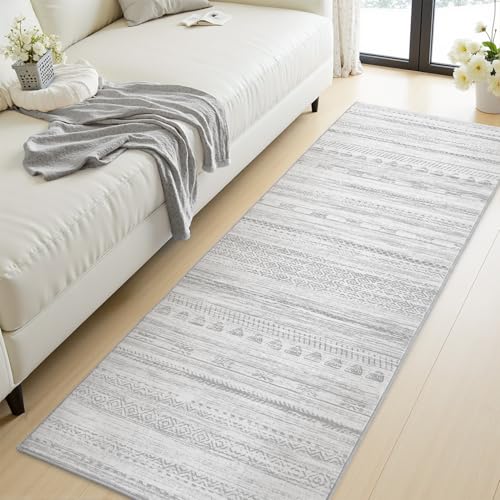 2x6 Runner Rug Machine Washable Non Slip Area Rug Distressed Neutral Moroccan Boho Rug Ultra Soft Floor Runners for Hallways for Entryway Laundry Room Kitchen, Grey