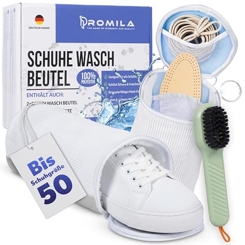 PROMILA- Schuhwaschbeutel Waschmaschine -3 teiliges Set- Schuhbeutel Waschmaschine in Grau/Blau-2XXL waschbeutel Schuhe & Reinigungsbürste-PROMILA wäschesack Schuhe ist Leise, Fusselnfrei,Top-Qualität